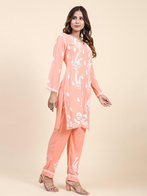 Fizaa Chikankari Short Modal Kurta Set - Peach